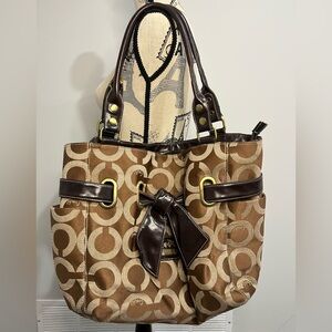 Coach Signature Jacquard Tote Bag With Leather Trip and a Bow